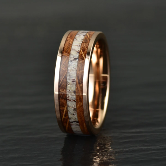 Whisky Barrel and deals Antler Wood Comfort Fit Rose Tungsten Wedding Band, Rings By Pristine