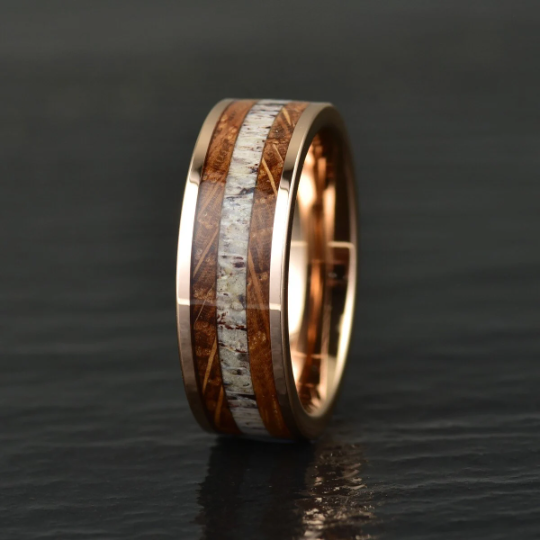 Rose Tungsten Whiskey Barrel Antler Women's Wedding Band 4MM/8MM