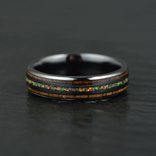 The Opalescence Ring - Opal Koa Wood Black Ceramic Men's Wedding Band 8MM - Rings By Pristine