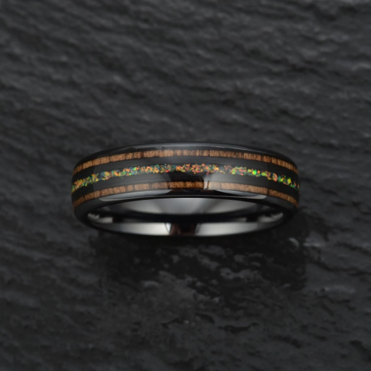 The Opalescence Ring - Opal Koa Wood Black Ceramic Men's Wedding Band 8MM - Rings By Pristine