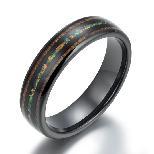 The Opalescence Ring - Opal Koa Wood Black Ceramic Men's Wedding Band 8MM - Rings By Pristine