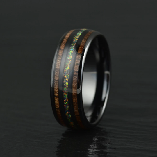 The Opalescence Ring - Opal Koa Wood Black Ceramic Men's Wedding Band 6MM - Rings By Pristine