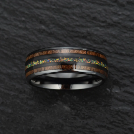 The Opalescence Ring - Opal Koa Wood Black Ceramic Men's Wedding Band 6MM - Rings By Pristine