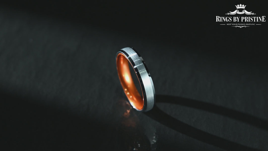Pristine Passion Orange Interior Silver Tungsten Wedding Band 8MM