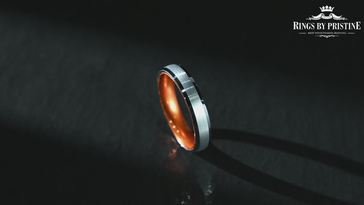 Pristine Passion Orange Interior Silver Tungsten Wedding Band 8MM