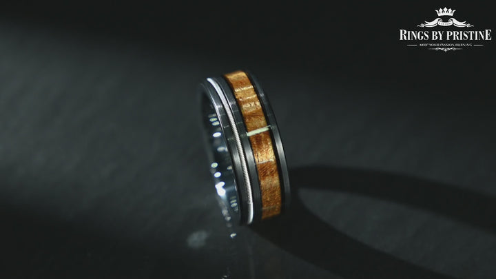 Koa & Strings - Hawaiian Koa Wood Guitar String Tungsten Mens Wedding Band 8MM