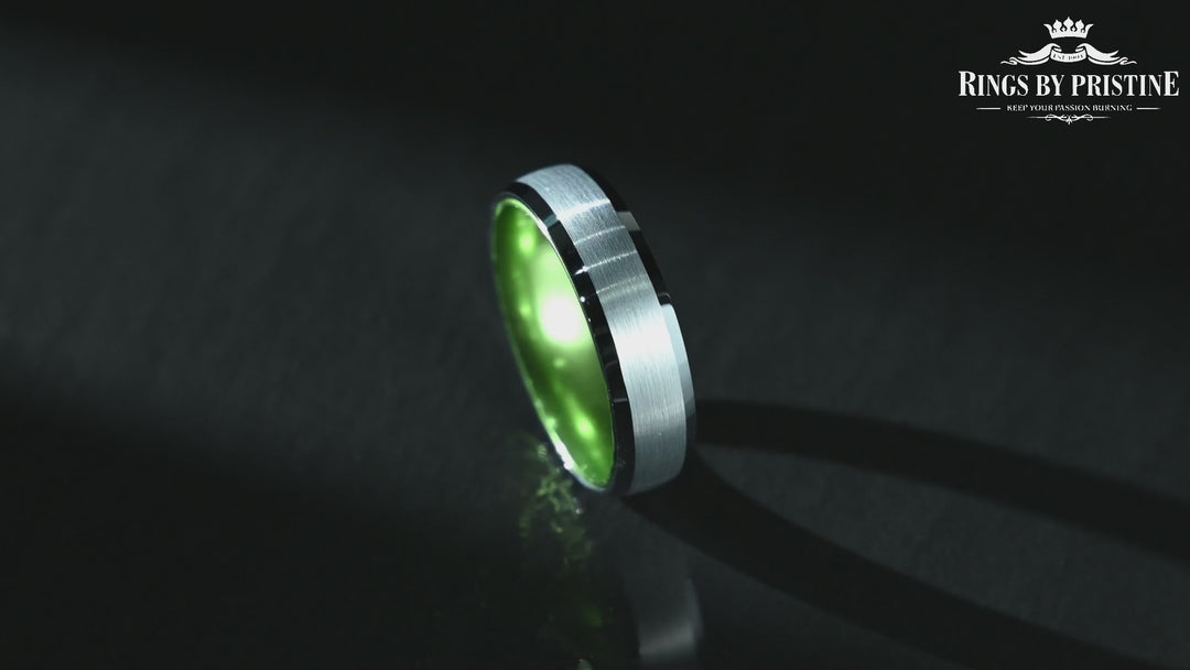 Pristine Passion Green Interior Silver Tungsten Wedding Band 8MM