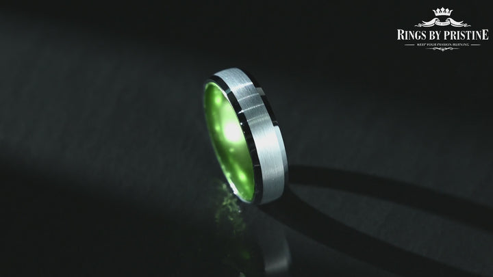 Pristine Passion Green Interior Silver Tungsten Wedding Band 8MM