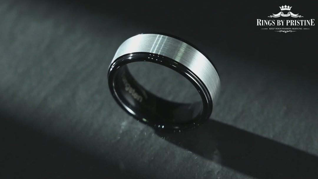 Black & White - Black Tungsten Grey Tungsten Inlay Men's Wedding Band
