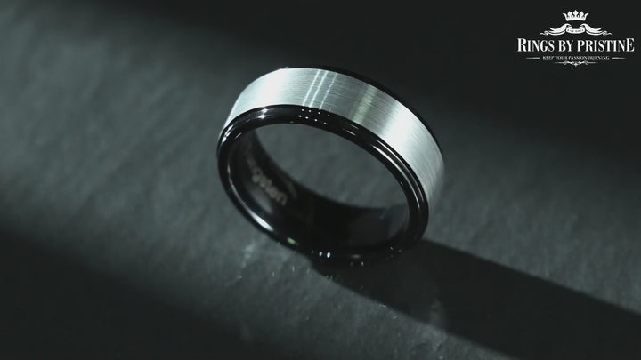 Black & White - Black Tungsten Grey Tungsten Inlay Men's Wedding Band