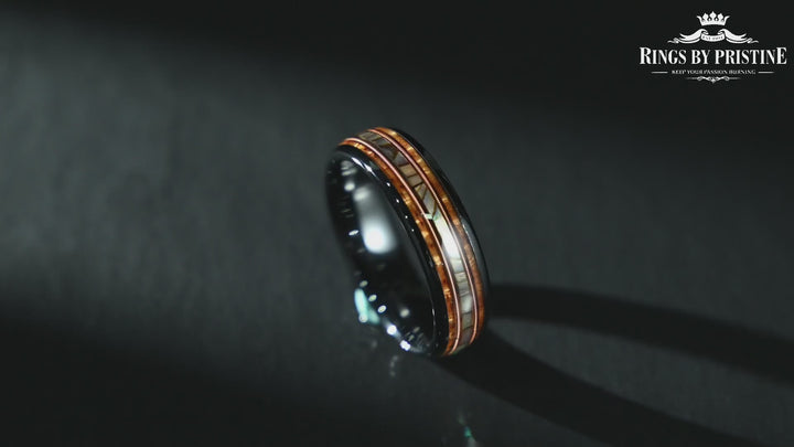 Hawaiian Koa Wood Abalone & Guitar String Mens Wedding Ring 6MM