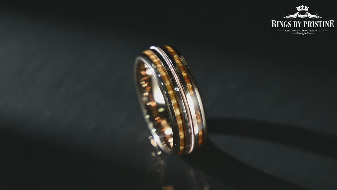 The Hawaiian Ring - Hawaiian Koa Wood & Guitar String Rose Tungsten Wedding Band 6MM