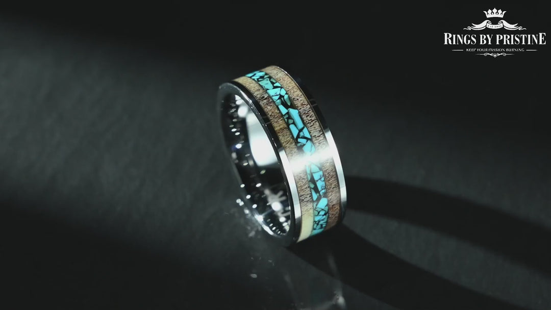 Tungsten Antler Crushed Turquoise Inlay Men's Wedding Band 8MM