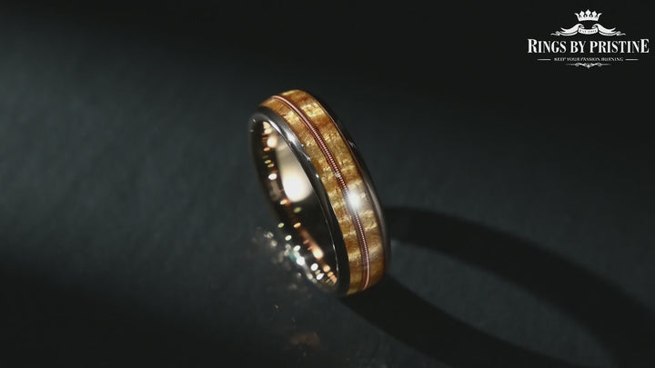 Koa Vibrato - Rose Tungsten Koa Wood Guitar String Inlay Men's Wedding Band 6MM