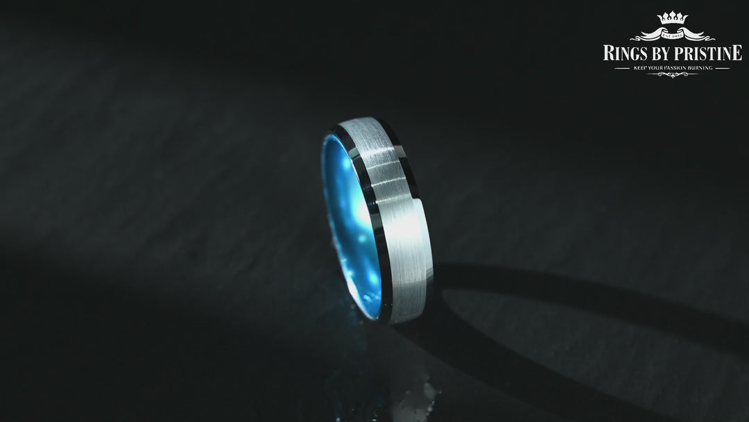 Pristine Passion Blue Interior Silver Tungsten Wedding Band 8MM