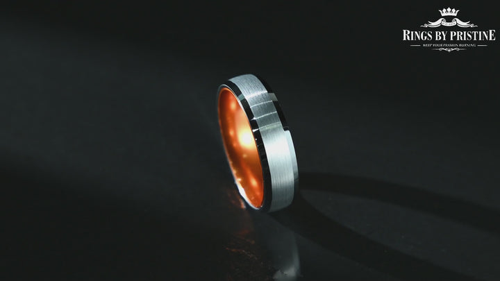 Pristine Passion Orange Interior Silver Tungsten Wedding Band 8MM
