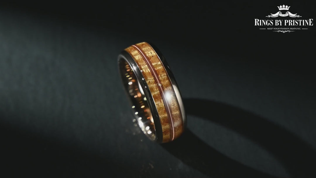 Koa Vibrato - Rose Tungsten Koa Wood Guitar String Inlay Men's Wedding Band 8MM