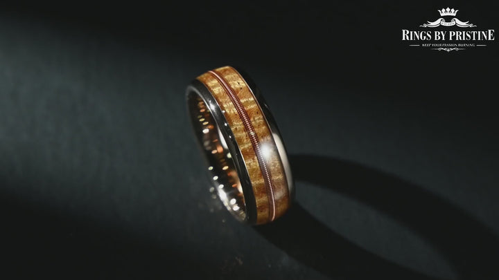 Koa Vibrato - Rose Tungsten Koa Wood Guitar String Inlay Men's Wedding Band 8MM