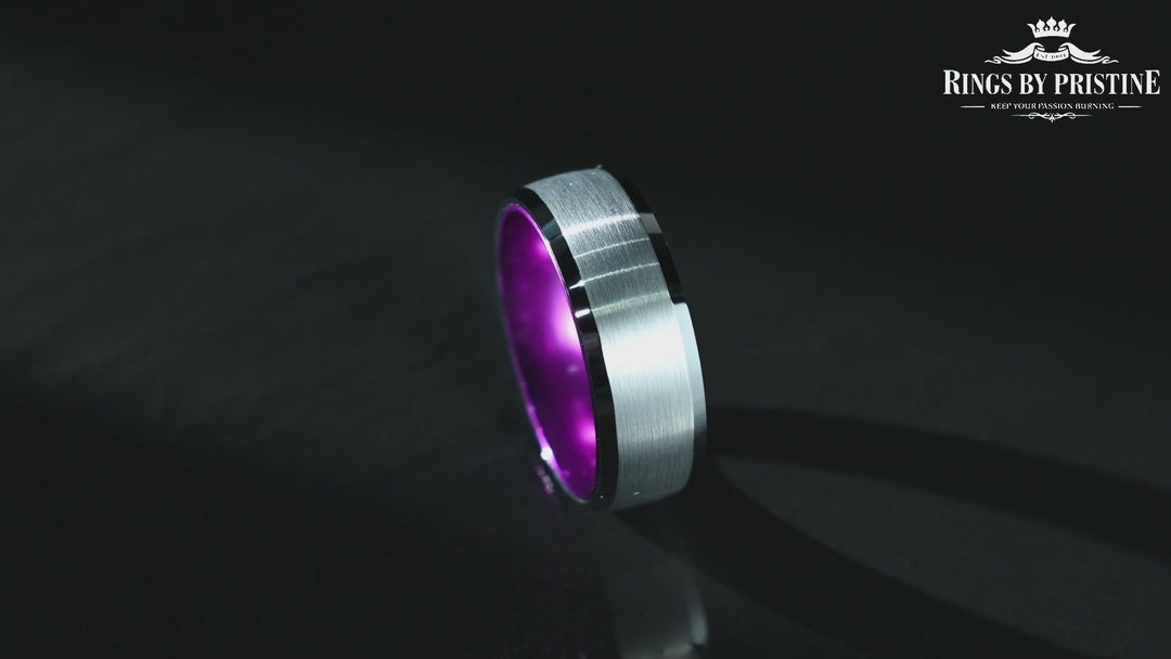 Pristine Passion Purple  Interior Silver Tungsten Wedding Band 8MM
