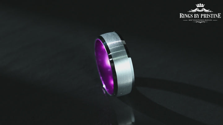 Pristine Passion Purple  Interior Silver Tungsten Wedding Band 8MM