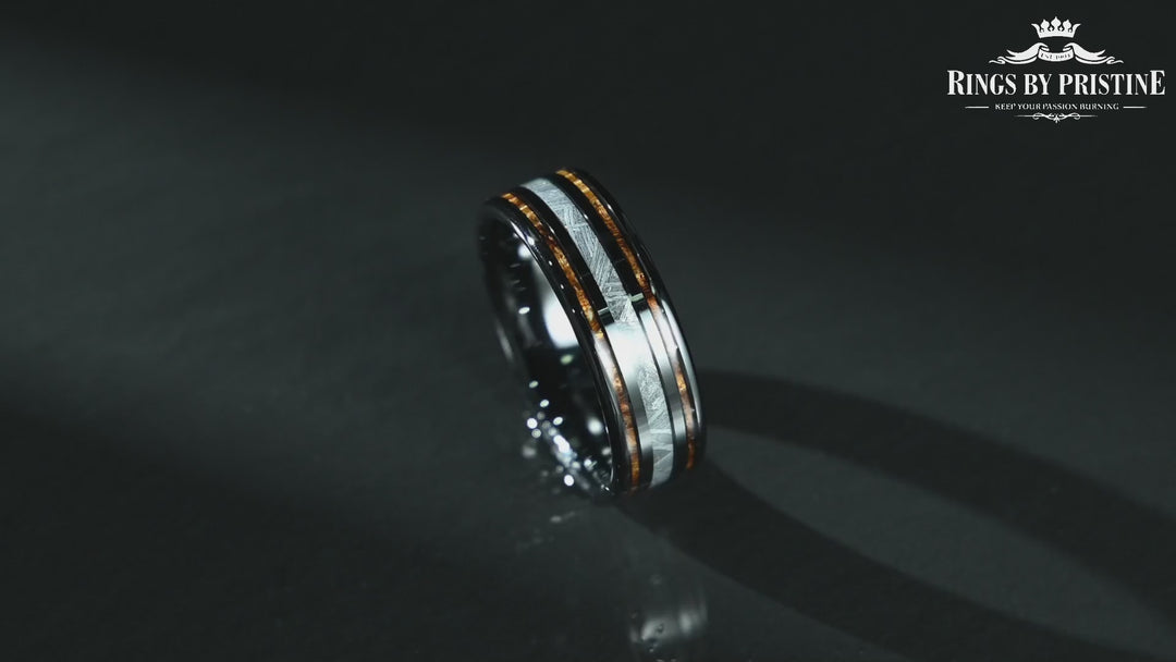 The Stallion Ring - Hawaiian Koa Wood & Meteorite Black Tungsten Mens Wedding Band 8MM