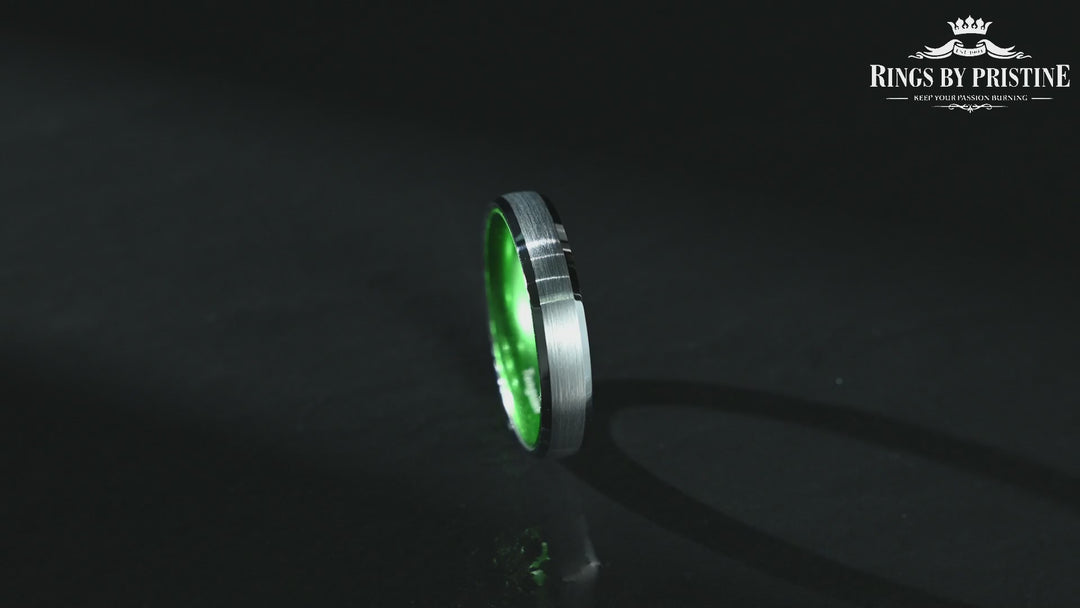 Pristine Passion Green Interior Silver Tungsten Wedding Band 8MM