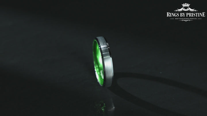 Pristine Passion Green Interior Silver Tungsten Wedding Band 8MM
