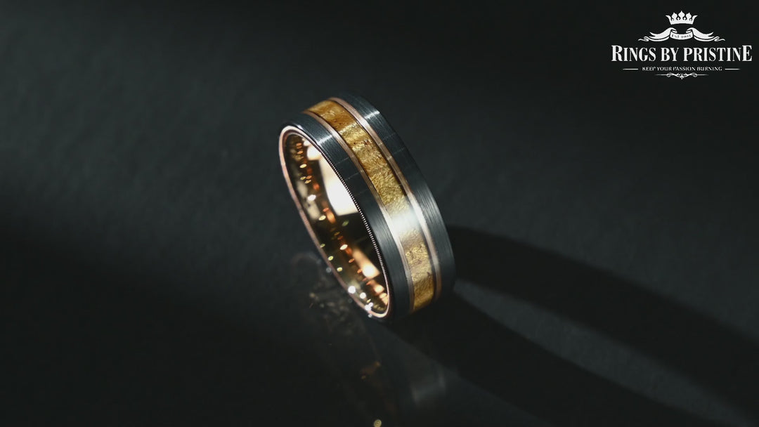 The Hawaiian - Hawaiian Koa Wood & Guitar String Black & Rose Tungsten Mens Wedding Ring 8MM