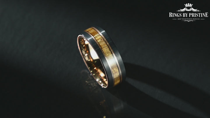 The Hawaiian - Hawaiian Koa Wood & Guitar String Black & Rose Tungsten Mens Wedding Ring 8MM