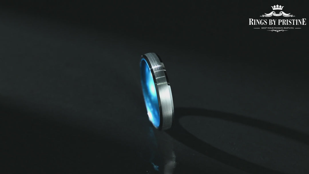 Pristine Passion Blue Interior Silver Tungsten Wedding Band 8MM