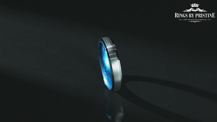 Pristine Passion Blue Interior Silver Tungsten Wedding Band 8MM