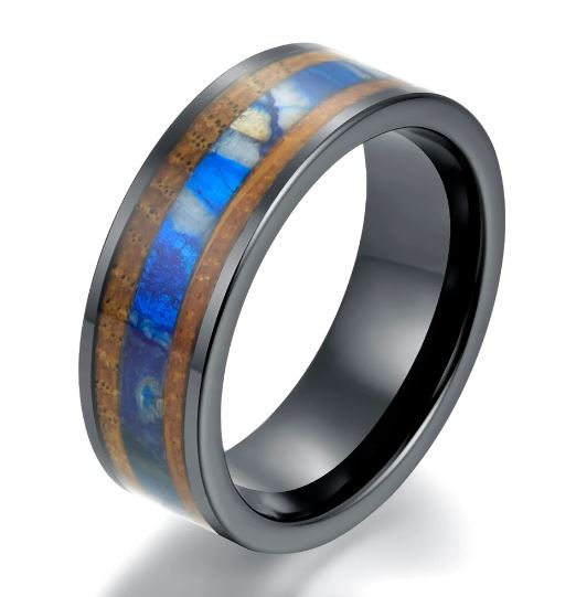 Black Ceramic Whiskey Barrel Mammoth Fossil Men's Wedding Band 8MM - Rings By Pristine