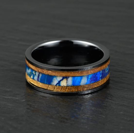 Black Ceramic Whiskey Barrel Mammoth Fossil Men's Wedding Band 8MM - Rings By Pristine