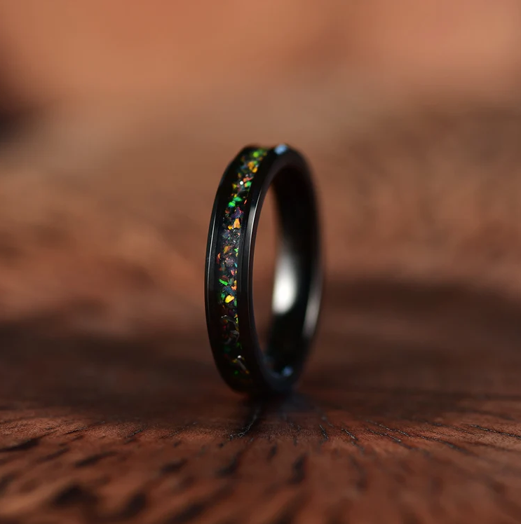 Black Tungsten Crushed Opal Rounded Women's Wedding Band 4MM - Rings By Pristine
