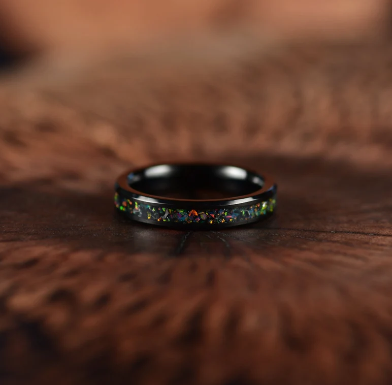 Black Tungsten Crushed Opal Rounded Women's Wedding Band 4MM - Rings By Pristine