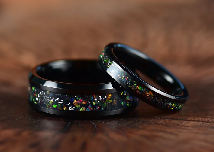 Black Tungsten Crushed Opal Rounded Women's Wedding Band 4MM - Rings By Pristine