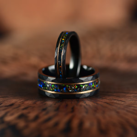 Black Hammered Tungsten Crushed Opal Men's Wedding Band 8MM - Rings By Pristine