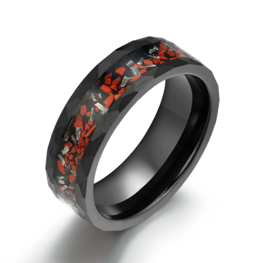 Black Hammered Tungsten Dinosaur Bone and Meteorite Men's Wedding Band 8MM - Rings By Pristine