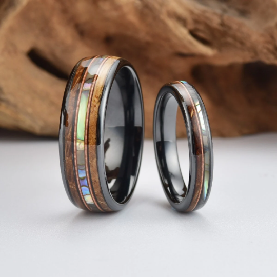 Tungsten Abalone Guitar String Whiskey Barrell Men's Wedding Band 8MM - Rings By Pristine