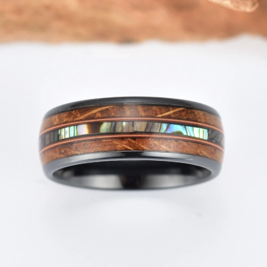 Tungsten Abalone Guitar String Whiskey Barrell Men's Wedding Band 8MM - Rings By Pristine