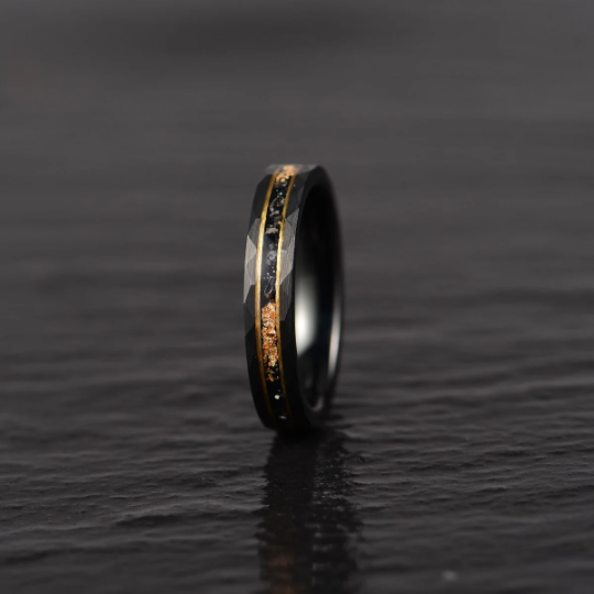 Gold Foil Tungsten and Meteorite Women's Wedding Band 4MM - Rings By Pristine