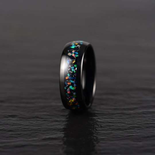 Black Tungsten Crushed Opal Rounded Men's Wedding Band 8MM - Rings By Pristine