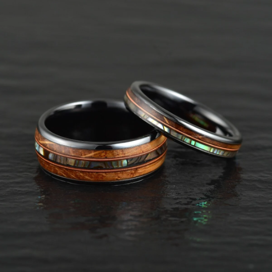 Tungsten Abalone Guitar String Whiskey Barrell Men's Wedding Band 8MM - Rings By Pristine