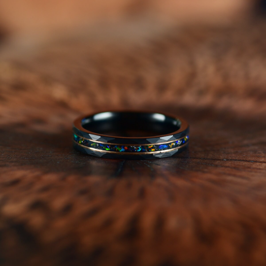 Black Hammered Tungsten Crushed Opal Women's Wedding Band 4MM - Rings By Pristine