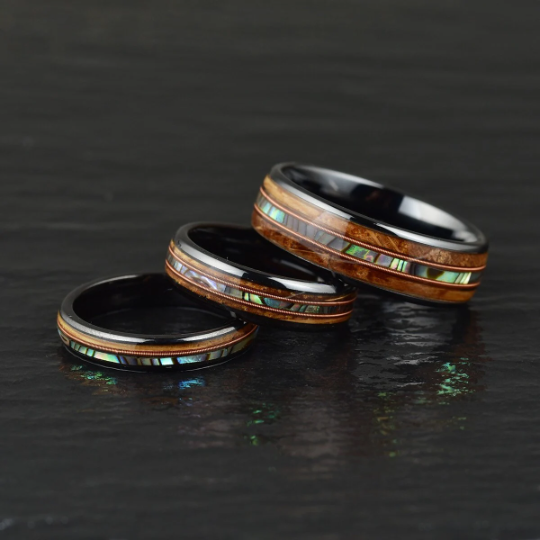Tungsten Abalone Guitar String Whiskey Barrell Men's Wedding Band 8MM - Rings By Pristine