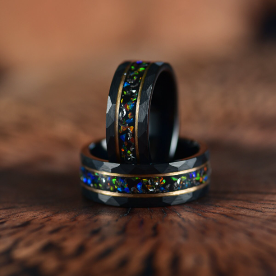 Black Hammered Tungsten Crushed Opal Men's Wedding Band 8MM - Rings By Pristine