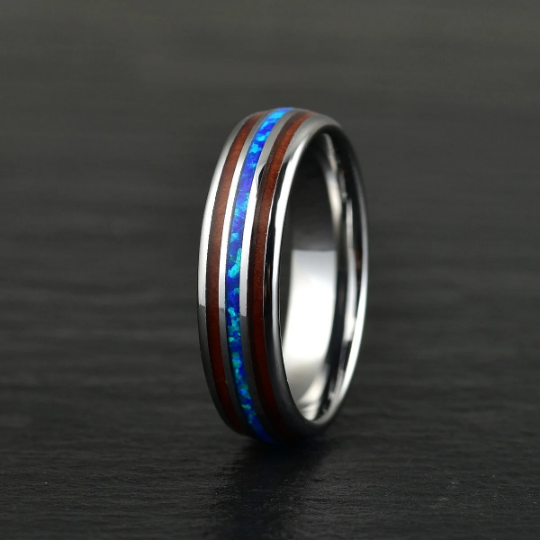 Grey Tungsten Koa Wood Blue Opal Women's Wedding Band 4MM - Rings By Pristine