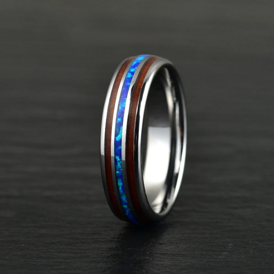 Grey Tungsten Koa Wood Blue Opal Women's Wedding Band 4MM - Rings By Pristine 