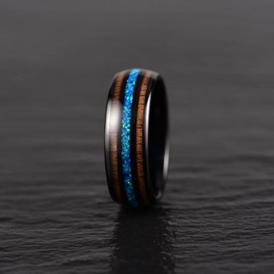 Black Tungsten Koa Wood Blue Opal Men's Wedding Band 8MM - Rings By Pristine