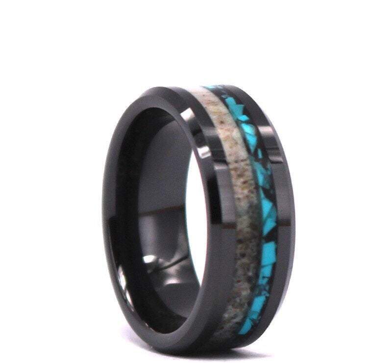 Deer Antler Turquoise Black Tungsten Men's Wedding Band 8MM - Rings By Pristine